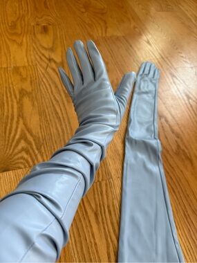 Long Light Blue Faux Leather Opera Gloves